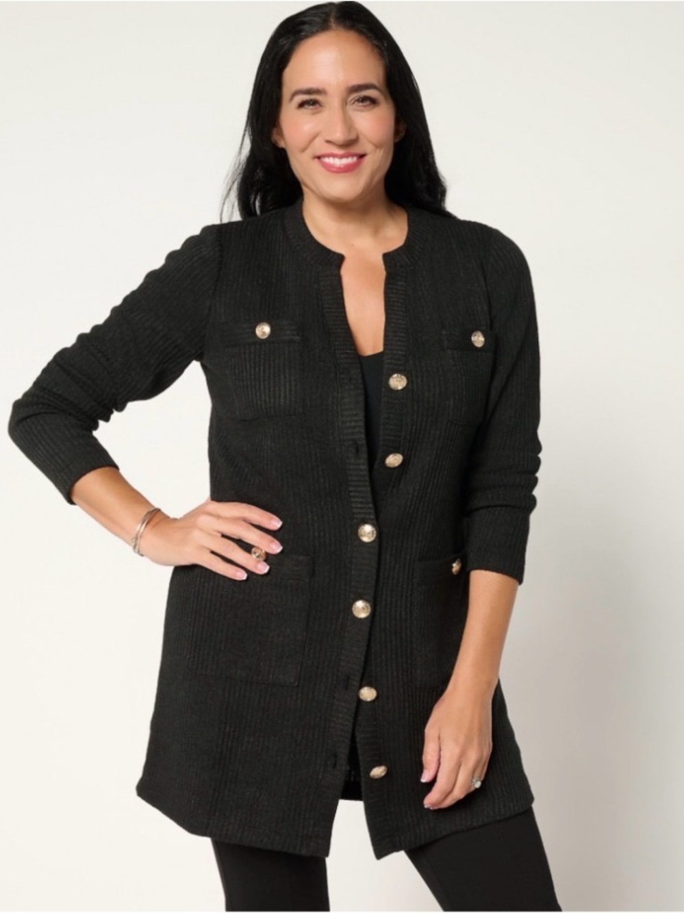 Dennis Basso Regular Jewel Neck Sweater with Patch Pockets Size 1X Black
